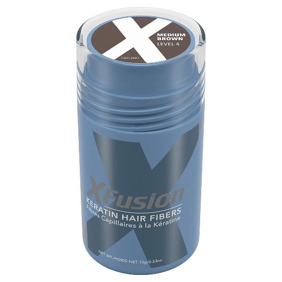 Xfusion Keratin Hair Fibers in Medium Brown, 0.53 oz, natural-looking hair fibers for fuller hair appearance, by Pasteur Pharmacy