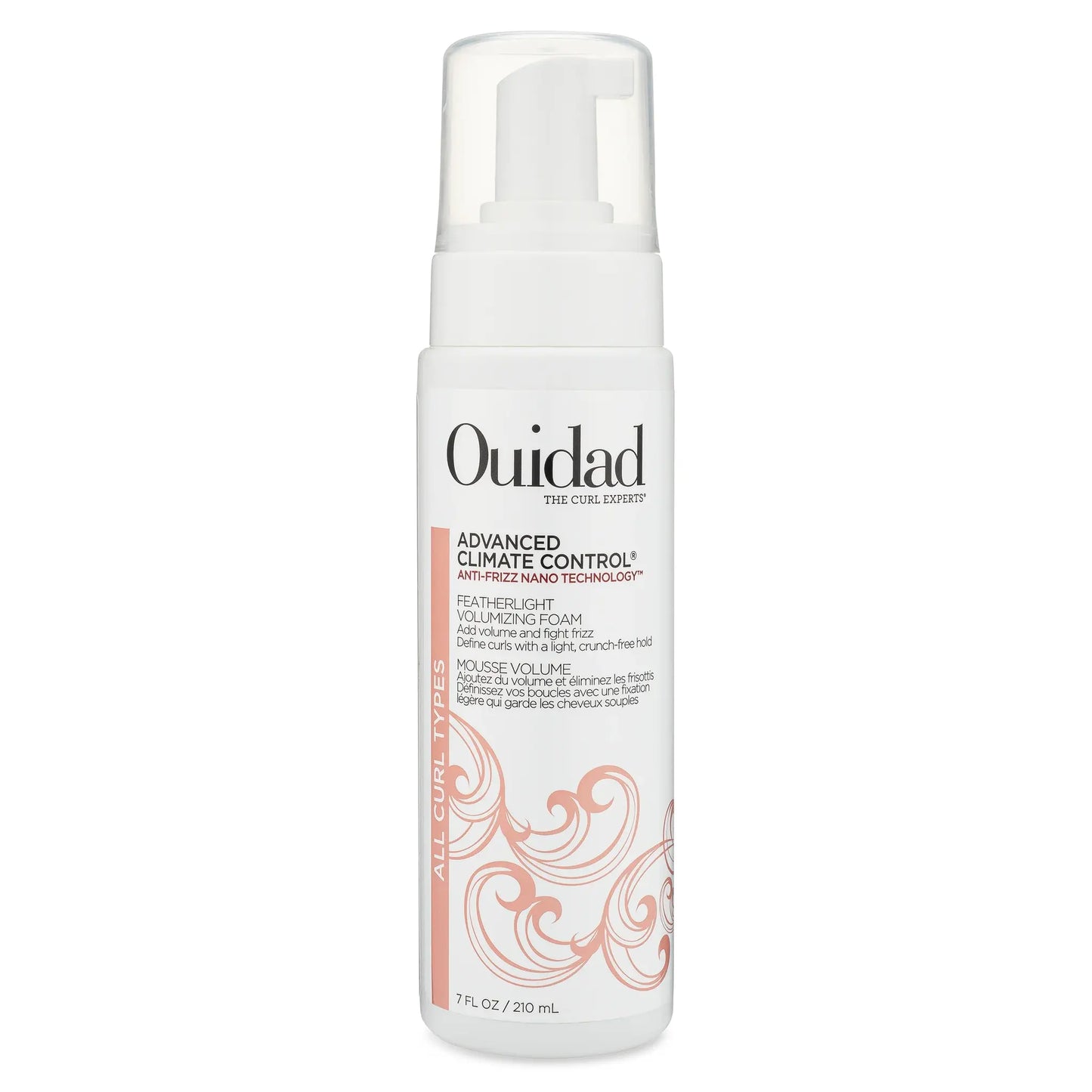 Ouidad Advanced Climate Control Featherlight Volumizing Foam in 7 oz bottle, showing the hair foam product with branding details.