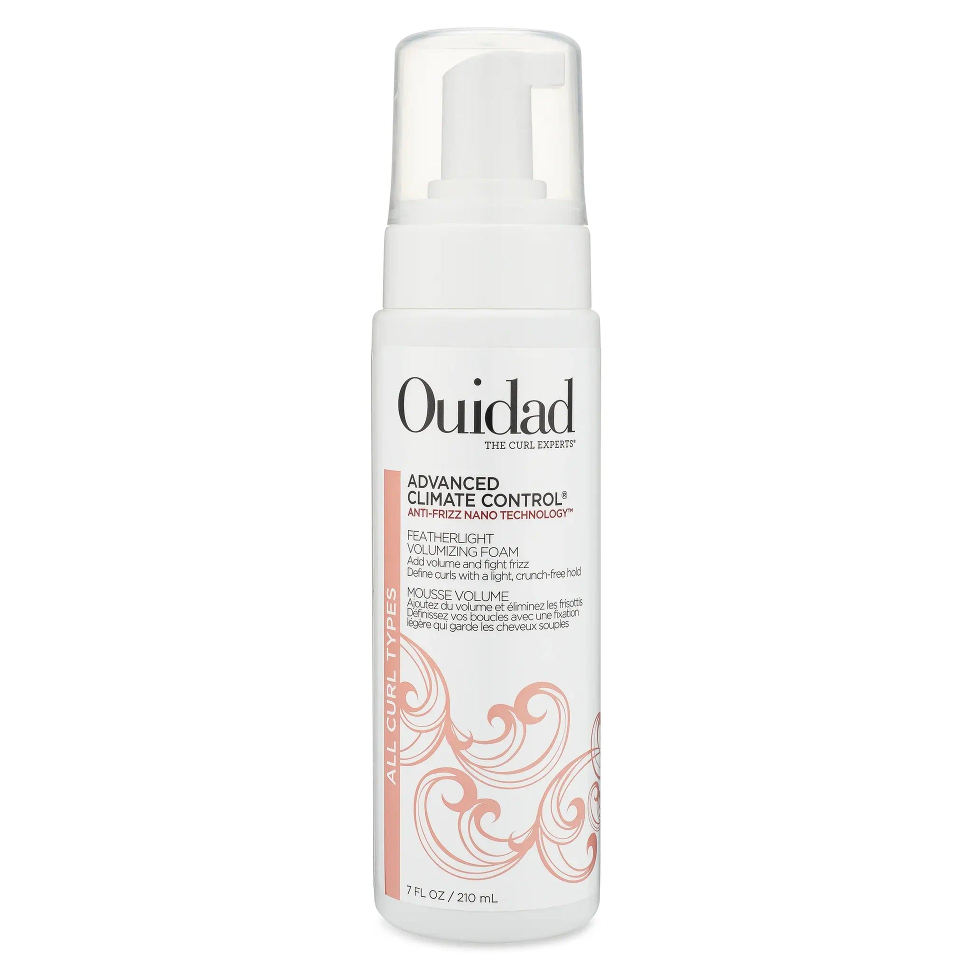 Ouidad Advanced Climate Control Featherlight Volumizing Foam in 7 oz bottle, showing the hair foam product with branding details.