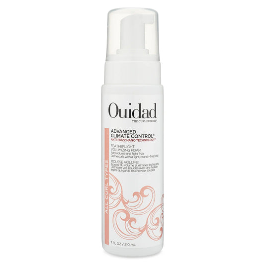 Ouidad Advanced Climate Control Featherlight Volumizing Foam in 7 oz bottle, showing the hair foam product with branding details.