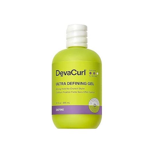 DevaCurl Ultra Defining Gel in a 12 oz container, natural hair styling gel for strong hold and frizz control