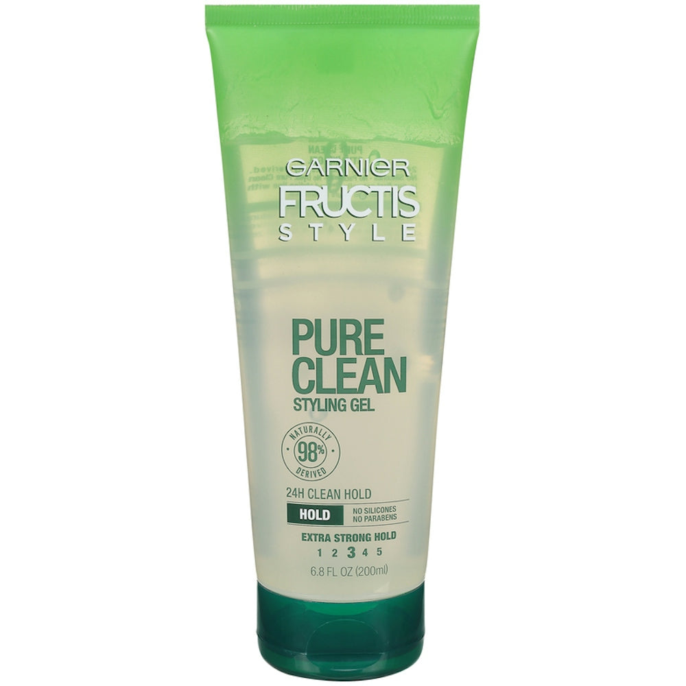 Garnier Fructis Style Pure Clean Extra Strong Hold hair gel in 6.8 fl oz tube with clear gel texture and branding visible.