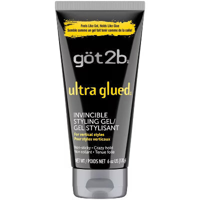 Got2b Ultra Glued Invincible Styling Gel in 6 oz, a strong-hold hair gel from Pasteur Pharmacy, shown in a clear container.