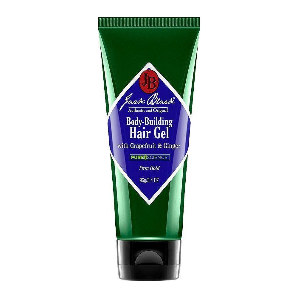 Jack Black Body Building Hair Gel in 3.4 oz tube, styling hair with strong hold and volume, natural shine, from Pasteur Pharmacy.