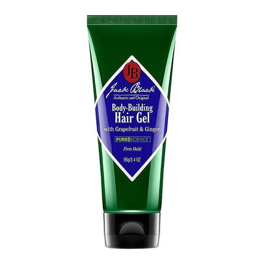 Jack Black Body Building Hair Gel in 3.4 oz tube, styling hair with strong hold and volume, natural shine, from Pasteur Pharmacy.