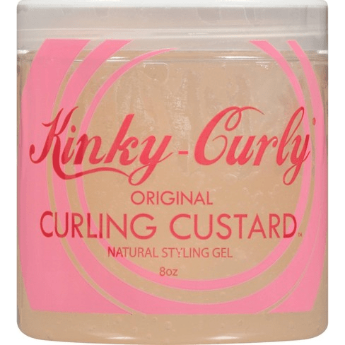 Kinky Curly Curling Custard Gel by Pasteur Pharmacy in 8 oz jar, smooths and defines curly hair with natural hold and shine.