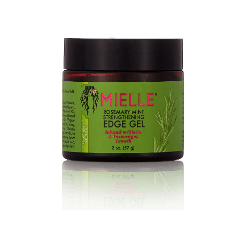 Mielle Rosemary Mint Strengthening Edge Gel in a 2 oz container, natural hair gel for edges with rosemary and mint ingredients