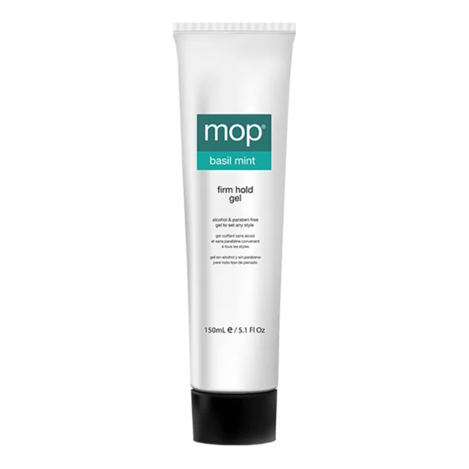 MOP Basil Mint Firm Hold Hair Gel in 5.1 oz tube, natural hair styling product with refreshing basil and mint scent
