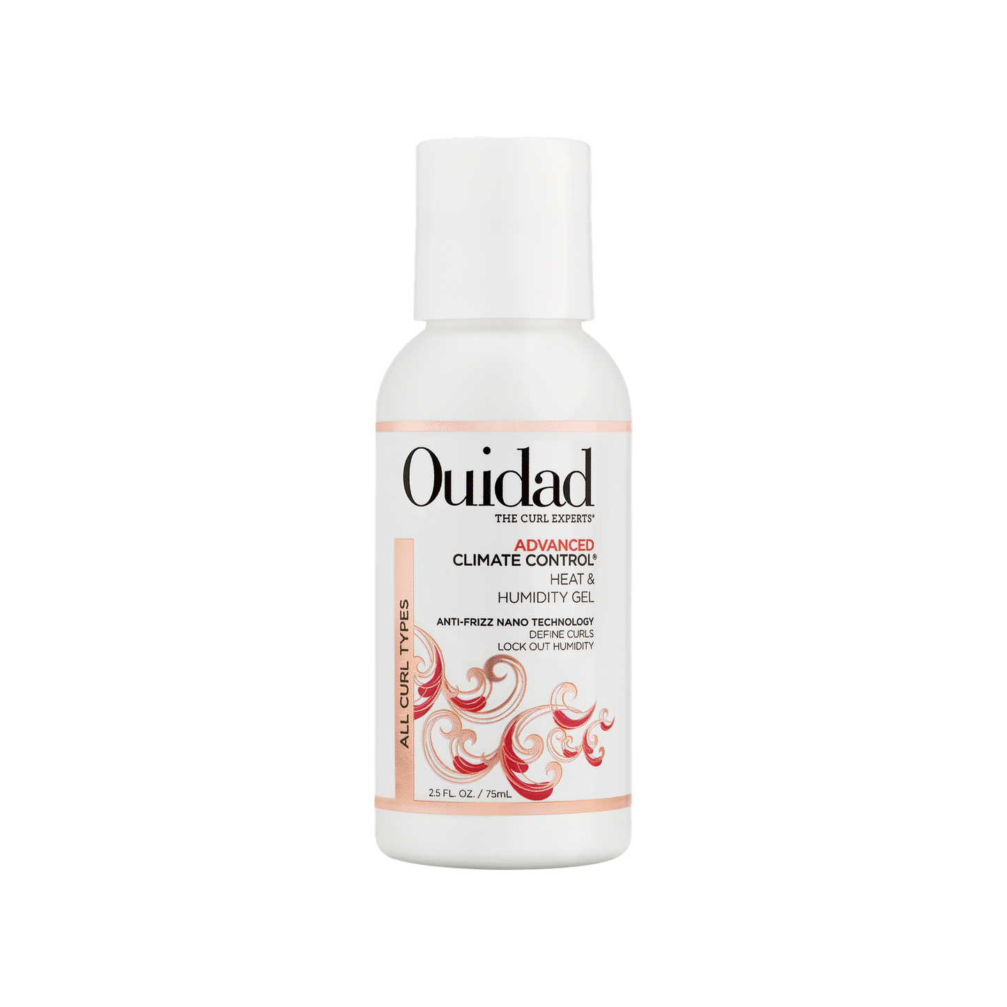 Ouidad Advanced Climate Control Heat & Humidity Hair Gel in 2.5 oz, clear gel with styling hold, in a transparent container