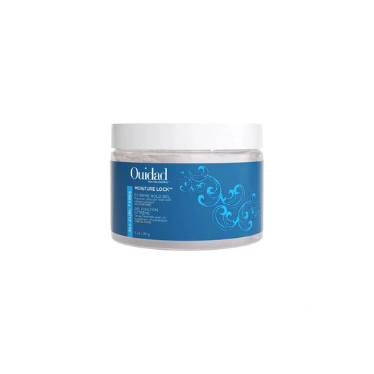Ouidad Moisture Lock All Curl Types Extreme Hold Gel in 11oz jar, natural hair styling product with strong hold and moisture.