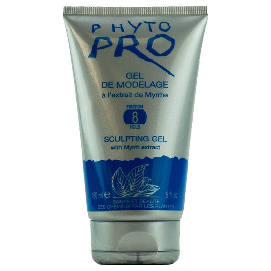 Pasteur Pharmacy Phyto Pro Hair Wet Gel with Myrrh Extract in 5 oz container, styled hair with wet gel product visible.