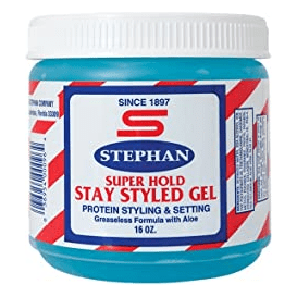 Stephan Stay Styled Hair Gel Super Hold in 16oz jar, natural hair styling product by Pasteur Pharmacy for strong hold.