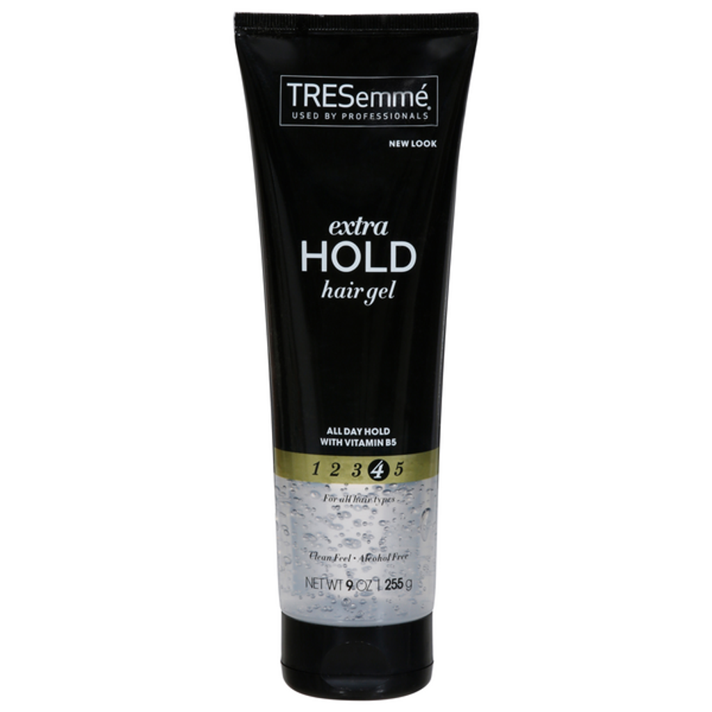 TRESemme TRES Two Extra Hold Hair Styling Gel in 9oz container, offers 24-hour firm control for styling and hold.