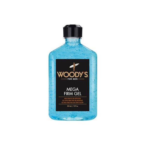 Woody's For Men Mega Firm Hair Gel in 12 fl oz bottle, with a clear gel texture and branding label visible.
