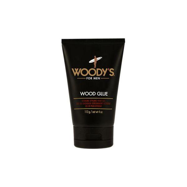 Woody's For Men Wood Glue Extreme Styling Hair Gel in 4 oz tube, showing the gel and packaging for men's hair styling.