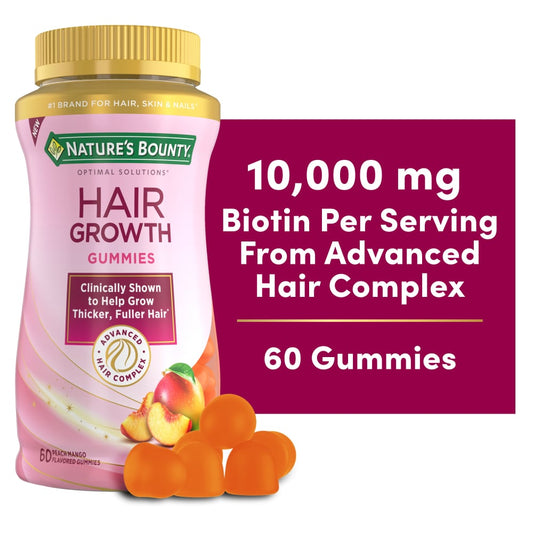 Nature's Bounty Optimal Solutions Hair Growth Gummies in peach flavor, 60 count, dietary supplement for hair loss treatment.