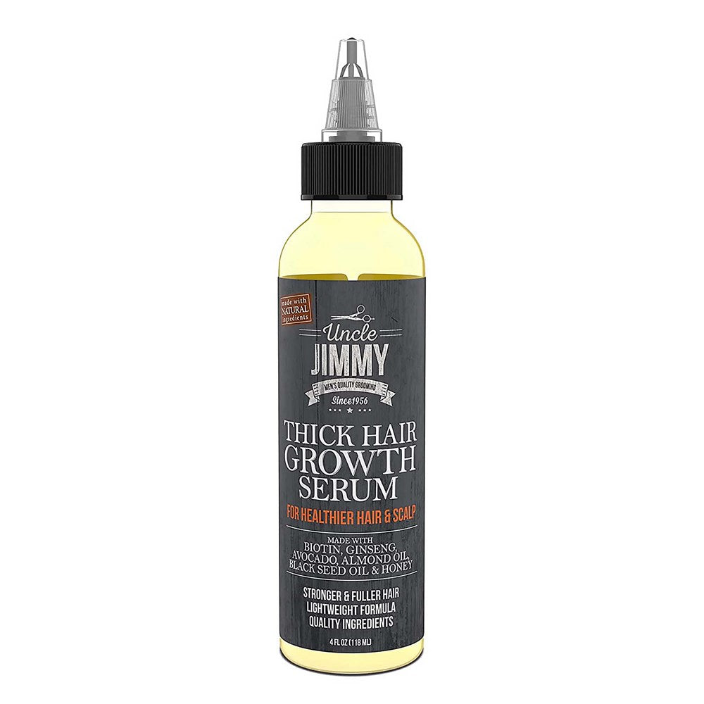 Uncle Jimmy Thick Hair Growteh Serum 4 Oz for hair loss treatment, featuring a clear bottle with dropper applicator.