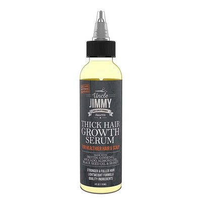 Uncle Jimmy Thick Hair Growteh Serum 4 Oz for hair loss treatment, featuring a clear bottle with dropper applicator.
