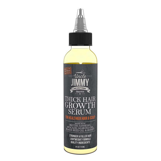 Uncle Jimmy Thick Hair Growteh Serum 4 Oz for hair loss treatment, featuring a clear bottle with dropper applicator.
