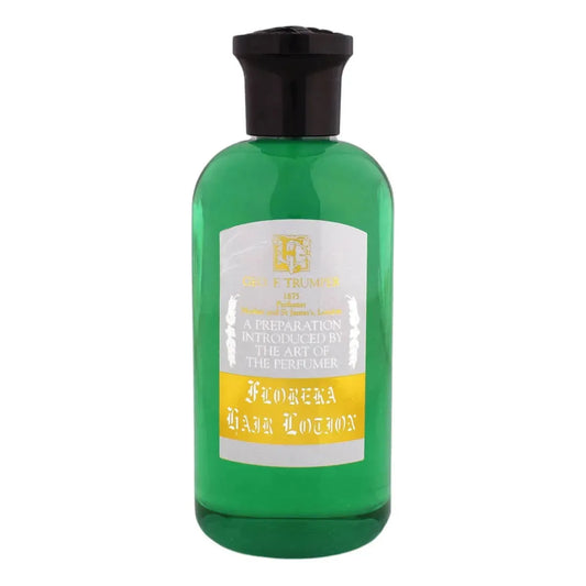 Geo. F. Trumper Green Floreka Hair Lotion 200ml bottle, natural hair care product with a green label, in a clear glass bottle