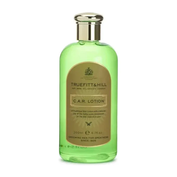 Truefitt & Hill C.A.R. Hair Lotion in a 6.7 oz bottle, featuring a clear container and white label with black text.