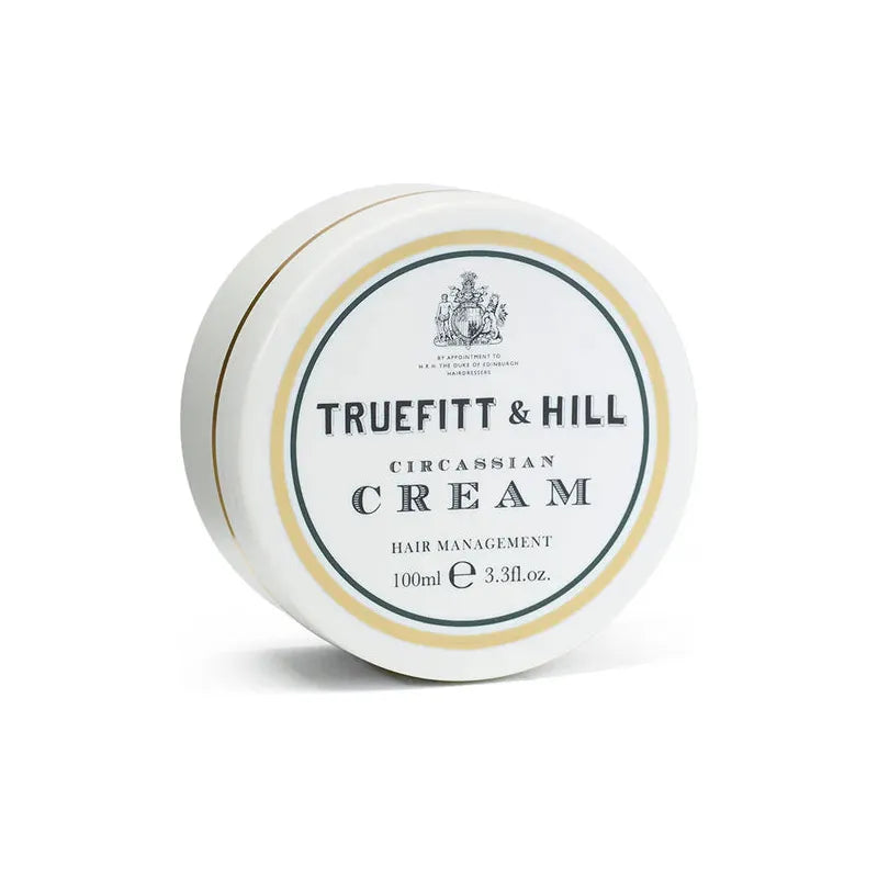Truefitt & Hill Circassian Cream Hair Management Cream in a 100ml jar, designed for smooth and manageable hair.