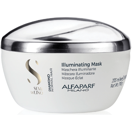 AlfaParf Semi Di Lino Diamond Illuminating Hair Mask in a jar, designed to add shine and nourish damaged hair.