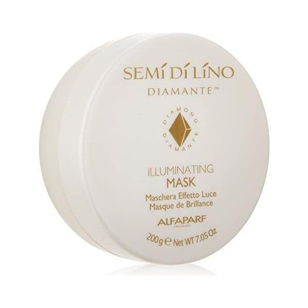 Alfaparf Semi Di Lino Illuminating Hair Mask in 7.05 oz jar, nourishing and brightening treatment for hair care.