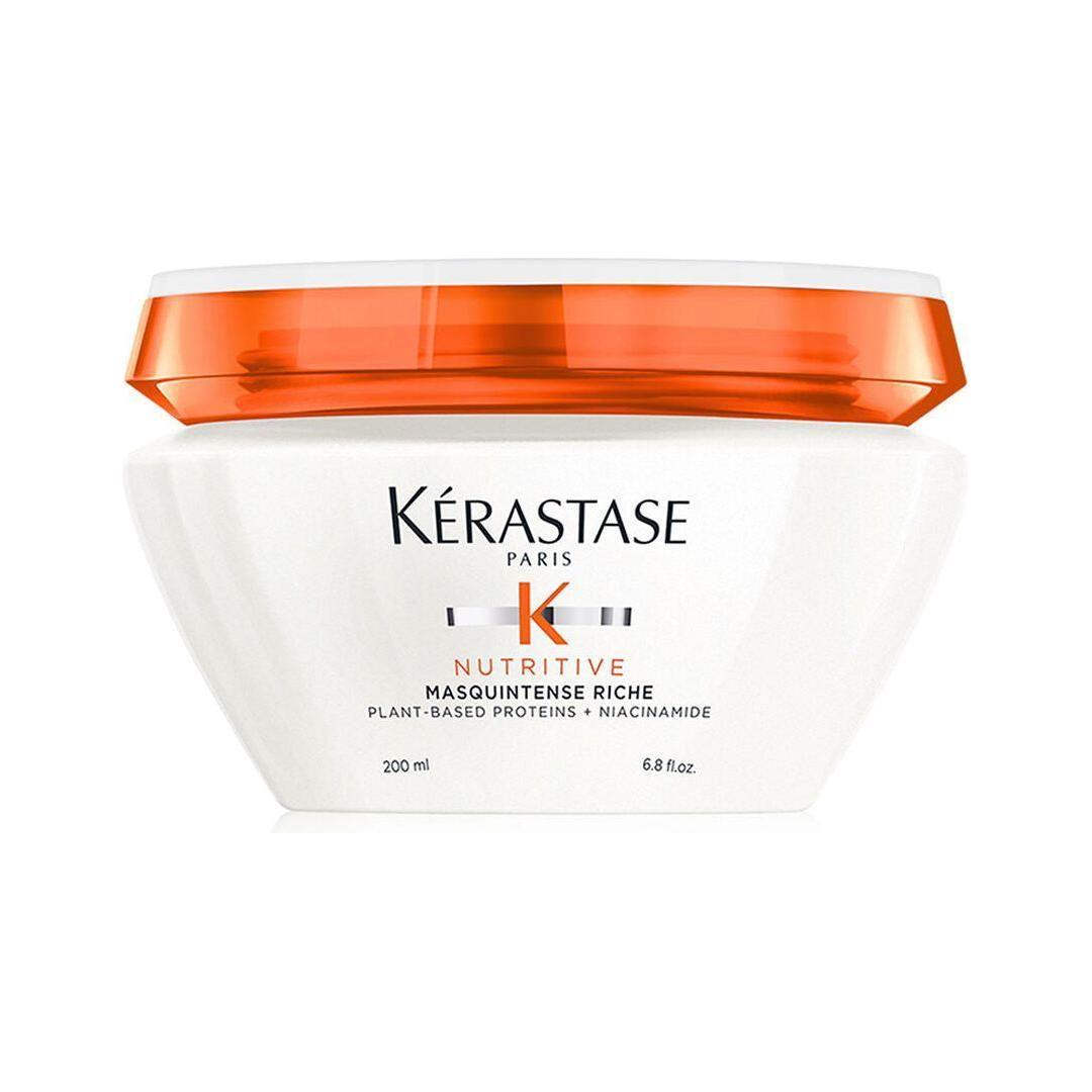 Kerastase K Nutritive Masquintense hair mask for thick hair, 200ml, in a jar with a gold lid and product label visible.