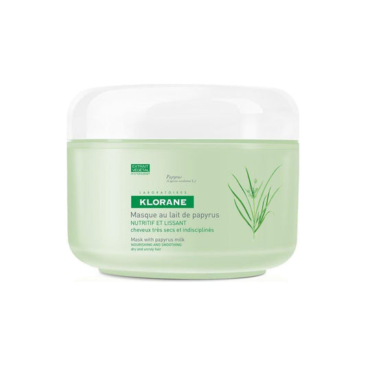 Klorane Hair Mask with Papyrus Milk in 5.13 oz jar, hydrating hair treatment by Pasteur Pharmacy, smooths and nourishes hair.