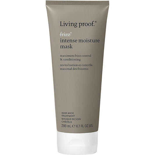 Living Proof No Frizz Intense Moisture Hair Mask in a 6.7oz jar, designed to hydrate and tame frizz for smooth, healthy hair.