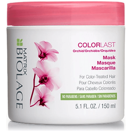 Matrix Biolage ColorLast Orchid Hair Mask in 150 ml jar, designed to nourish and preserve color-treated hair.