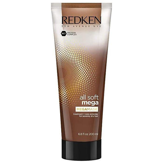 Redken All Soft Mega Hair Mask in 6.8oz jar, nourishing treatment with a creamy texture for soft, smooth hair.