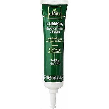 Rene Furterer Curbicia Purifying Clay Mask for hair, 6 x 0.6 oz, in a jar with a natural clay and herbal ingredients design.