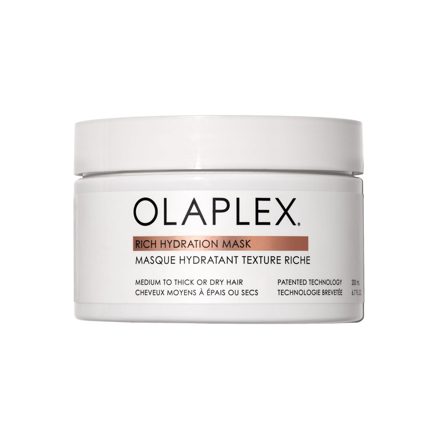 Olaplex Rich Hydration Mask in 6.7 oz jar, nourishing hair mask with deep conditioning for dry and damaged hair.