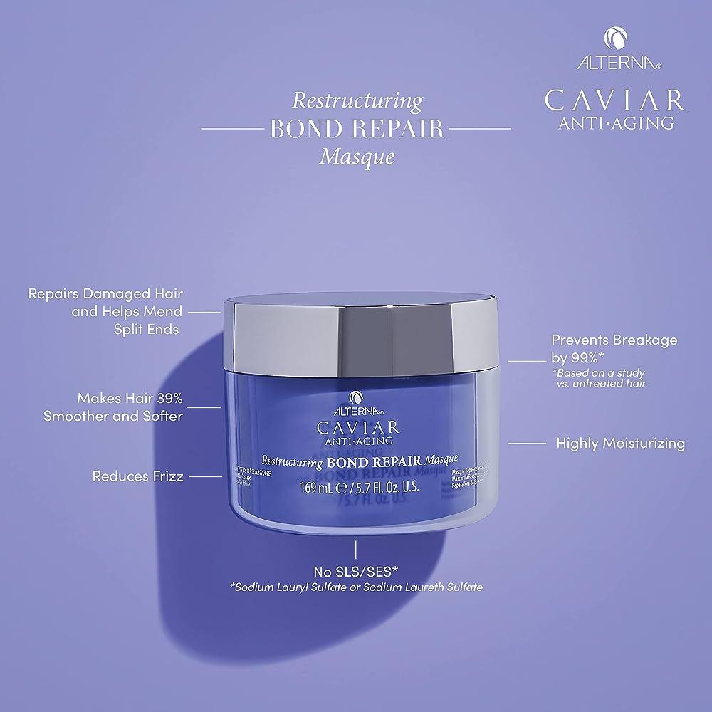 Alterna Caviar Restructuring Bond Repair Masque in 5.7oz jar, nourishing hair treatment with luxurious caviar extract.