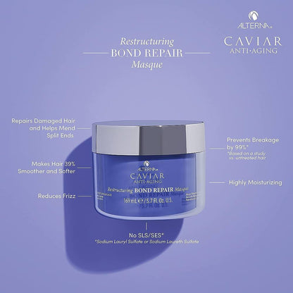 Alterna Caviar Restructuring Bond Repair Masque in 5.7oz jar, nourishing hair treatment with luxurious caviar extract.
