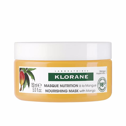Klorane Masque Nutrition 5oz hair masque with nourishing ingredients, shown in a white container on a bathroom counter.