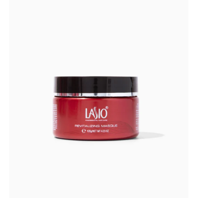 Lasio Revitalizing Hair Masque in 4.23oz jar, designed to nourish and restore damaged hair, shown in a clear container with product label.