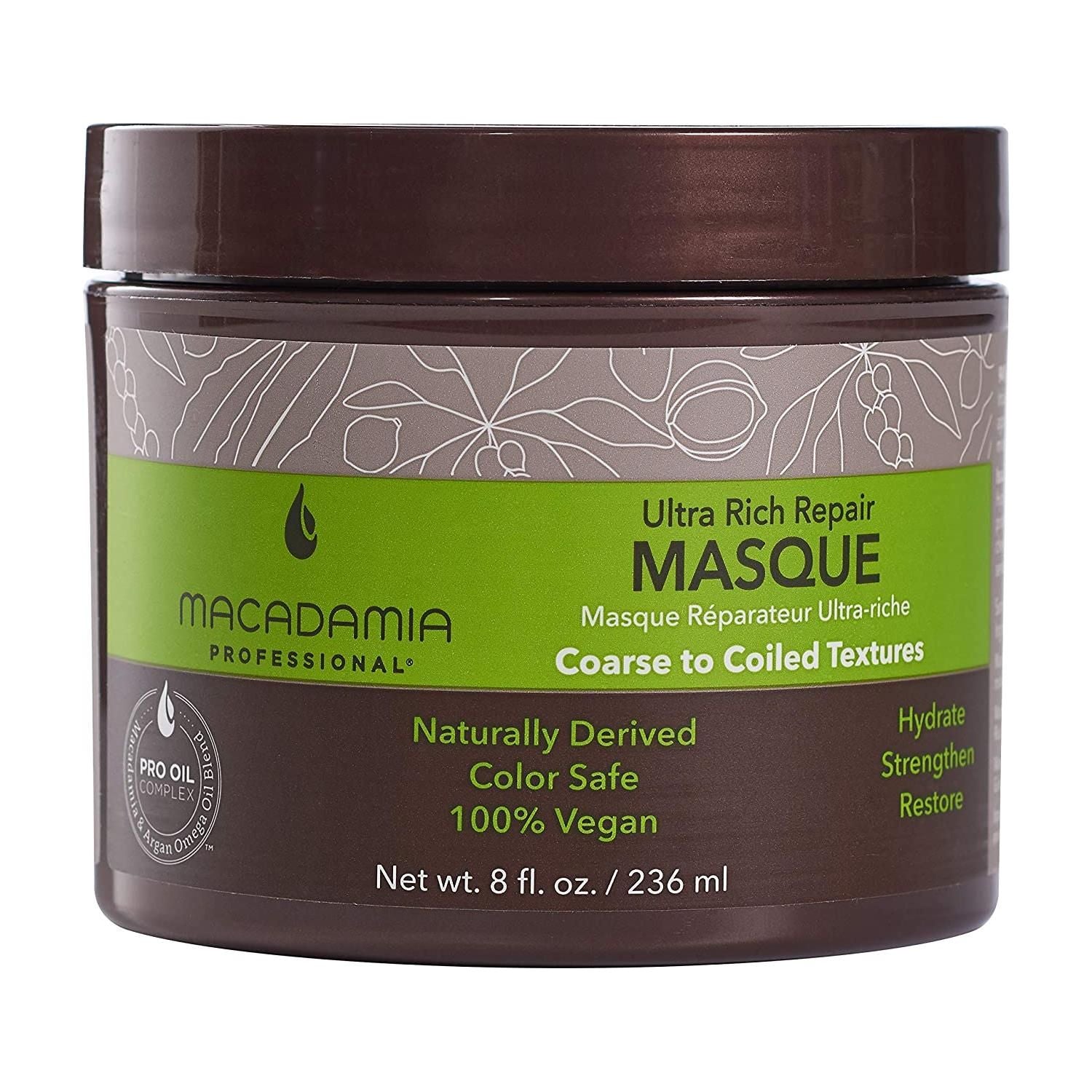 Macadamia Professional Ultra Rich Moisture Hair Masque in 236ml jar, hydrating treatment for dry and damaged hair.