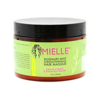 Mielle Rosemary Mint Strengthening Hair Masque in 12 oz jar, natural hair treatment with rosemary and mint for healthy hair.