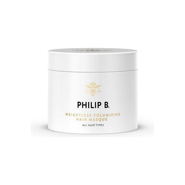 Philip B. Weightless Volumizing Hair Masque for all hair types, 8 oz, in a clear jar with a white lid, showcasing the product label.