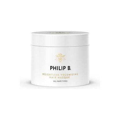 Philip B. Weightless Volumizing Hair Masque for all hair types, 8 oz, in a clear jar with a white lid, showcasing the product label.