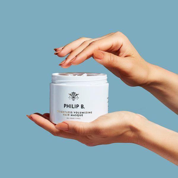 Philip B. Weightless Volumizing Hair Masque for all hair types, 8 oz, in a white jar with a black lid.