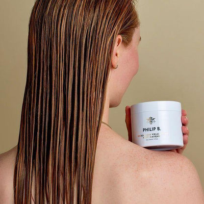 Philip B. Weightless Volumizing Hair Masque for all hair types, 8 oz, in a jar with a smooth, creamy texture.