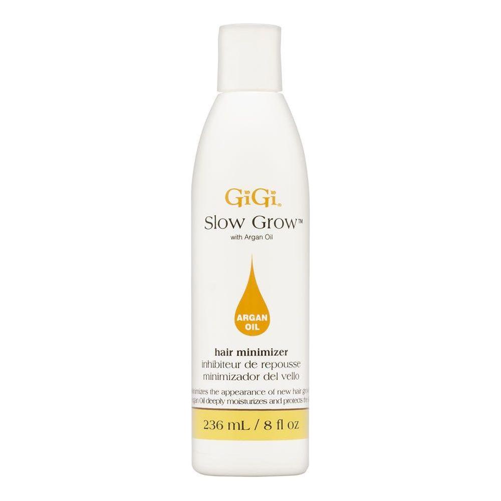 Gigi Slow Grow Hair Minimizer by Pasteur Pharmacy with argan oil, 8 oz bottle for reducing hair growth and nourishing hair.