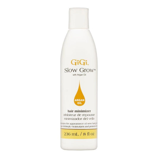 Gigi Slow Grow Hair Minimizer by Pasteur Pharmacy with argan oil, 8 oz bottle for reducing hair growth and nourishing hair.