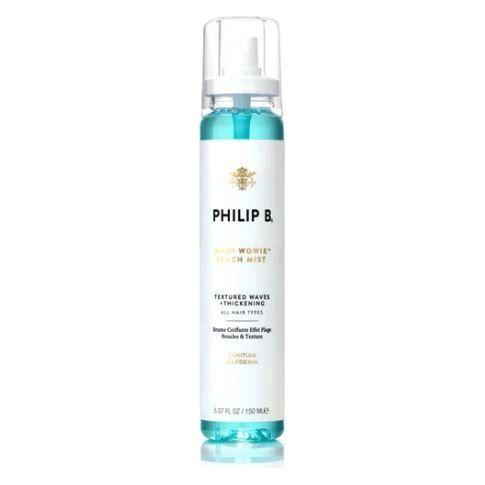 Philip B. Maui Wowie Beach Mist 5.07 oz hair mist in clear bottle with tropical-themed label, ideal for refreshing hair.
