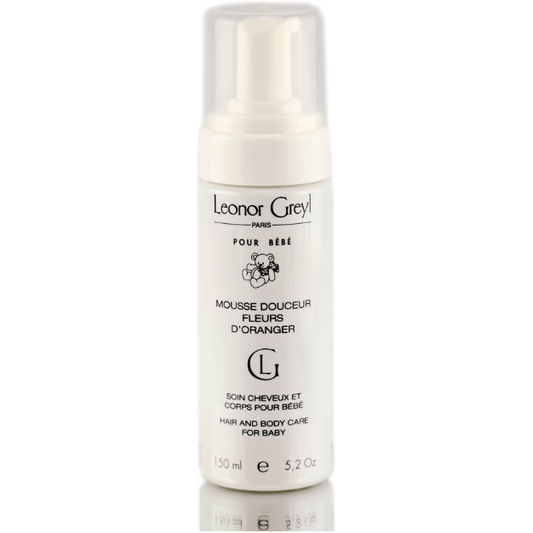 Leonor Greyl Mousse Douceur Fleurs D'Oranger hair mousse for babies, 5.2 oz, with gentle, floral scent and lightweight styling.