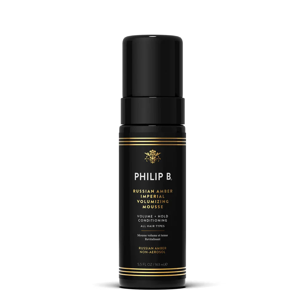 Philip B Russian Amber Imperial Volumizing Hair Mousse in 5.5 oz bottle, showcasing the product container and branding.